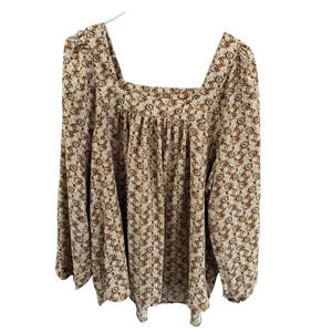 Wonderly Square Neck 3 XL Boho Peasant Blouse Brown Print Flowy Festival